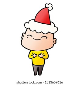 happy hand drawn gradient cartoon of a bald man wearing santa hat