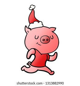 happy hand drawn gradient cartoon of a pig running wearing santa hat
