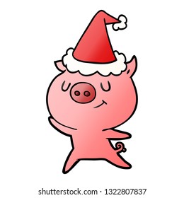 caricatura gradiente dibujada a mano feliz de un cerdo con sombrero santa