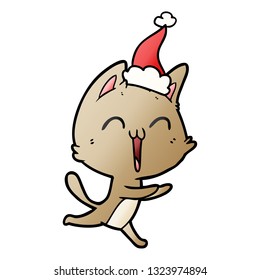 caricatura de gradiente dibujado a mano feliz de un gato maullando sombrero santa