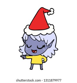 happy hand drawn line drawing of a elf girl pointing wearing santa hat