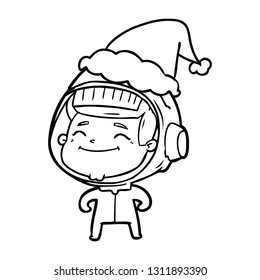 dibujo de una línea dibujada a mano feliz de un astronauta con sombrero de santa