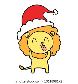 happy hand drawn line drawing of a lion wearing santa hat