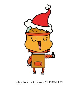 happy hand drawn line drawing of a robot wearing santa hat