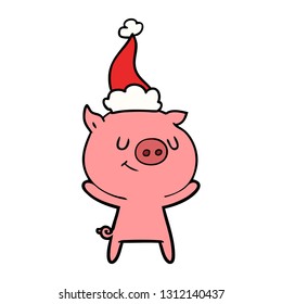happy hand drawn line drawing of a pig wearing santa hat