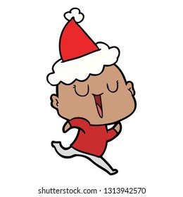 happy hand drawn line drawing of a bald man wearing santa hat