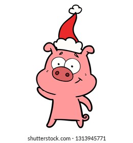 dibujo de línea dibujado a mano feliz de un cerdo con sombrero santa