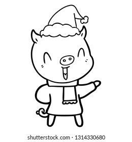 happy hand drawn line drawing of a pig in winter clothes wearing santa hat