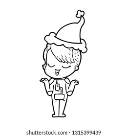 happy hand drawn line drawing of a girl in space suit wearing santa hat