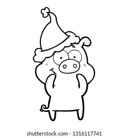 happy hand drawn line drawing of a pig wearing santa hat