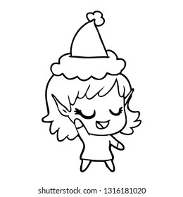 happy hand drawn line drawing of a elf girl wearing santa hat