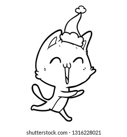 happy hand drawn line drawing of a cat meowing wearing santa hat