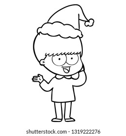 dibujo de una línea dibujada a mano feliz de un niño con sombrero santa