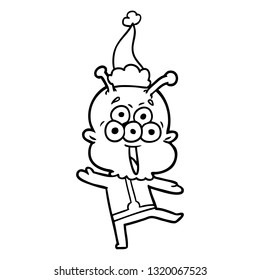 happy hand drawn line drawing of a alien dancing wearing santa hat