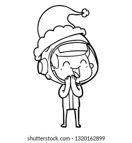 happy hand drawn line drawing of a astronaut wearing santa hat