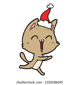 happy hand drawn line drawing of a cat meowing wearing santa hat