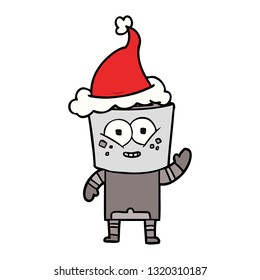 happy hand drawn line drawing of a robot waving hello wearing santa hat