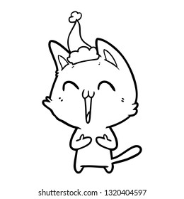 dibujo de línea dibujado a mano feliz de un gato con sombrero santa