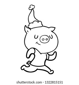 happy hand drawn line drawing of a pig running wearing santa hat