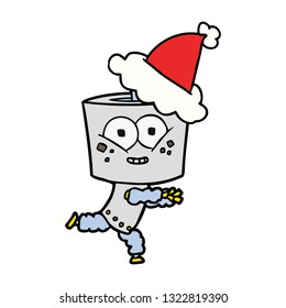 happy hand drawn line drawing of a robot wearing santa hat