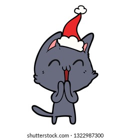 glückliche, handgezeichnete Zeichnung einer Katze mit Santa-Hut