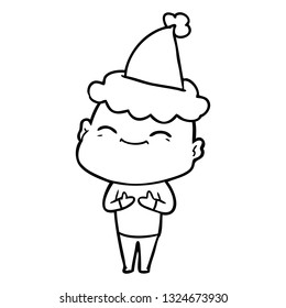 happy hand drawn line drawing of a bald man wearing santa hat