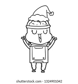 happy hand drawn line drawing of a robot wearing santa hat