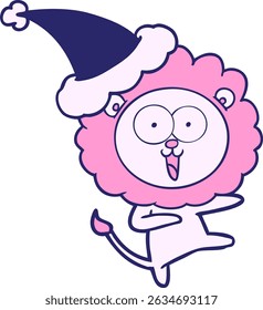 desenho de linha desenhada de mão feliz de um leão vestindo o chapéu de santa em cores neon brilhantes