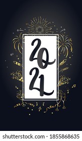 Happy hand drawn New Year design with fireworks, cocktails and decoration, golden colors, elegant and fun - great for invitations, banners, wallpapers