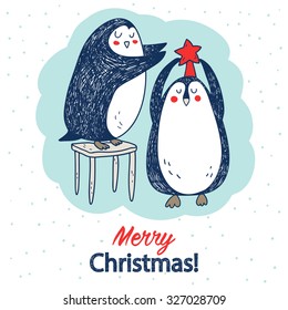happy hand drawn postcard with two cute penguins 