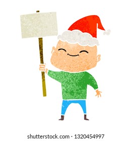 happy hand drawn retro cartoon of a bald man wearing santa hat