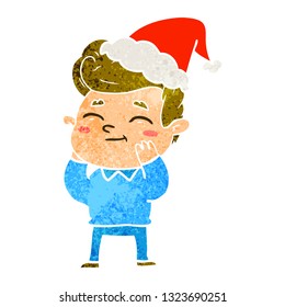 happy hand drawn retro cartoon of a man wearing santa hat