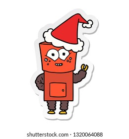 happy hand drawn sticker cartoon of a robot waving hello wearing santa hat