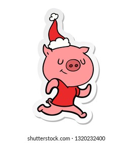 happy hand drawn sticker cartoon of a pig running wearing santa hat