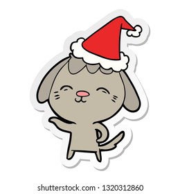 happy hand drawn sticker cartoon of a dog wearing santa hat