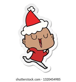 happy hand drawn sticker cartoon of a bald man wearing santa hat
