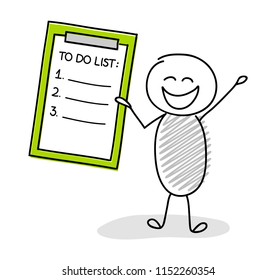 Happy hand drawn stickman with to do list. Vector.