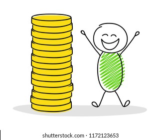 Happy hand drawn stickman showing money stack. Vector.