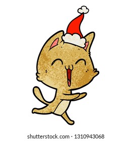 dibujo a mano feliz dibujos animados de un gato maullando con sombrero santa