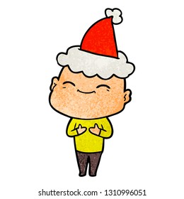 happy hand drawn textured cartoon of a bald man wearing santa hat
