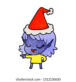 happy hand drawn textured cartoon of a elf girl pointing wearing santa hat