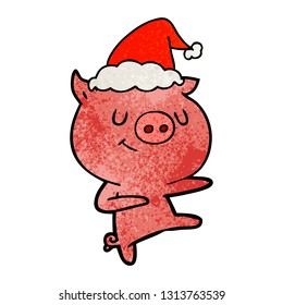 happy hand drawn textured cartoon of a pig dancing wearing santa hat