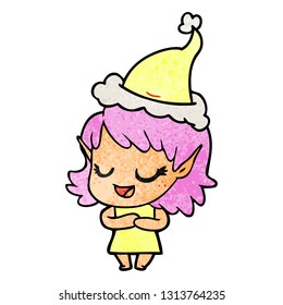 happy hand drawn textured cartoon of a elf girl wearing santa hat