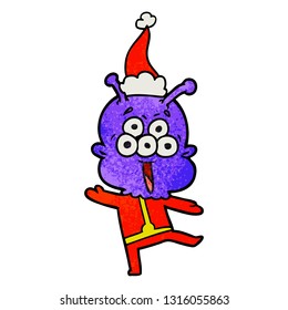 happy hand drawn textured cartoon of a alien dancing wearing santa hat