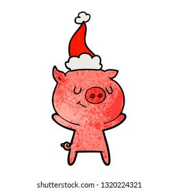 happy hand drawn textured cartoon of a pig wearing santa hat