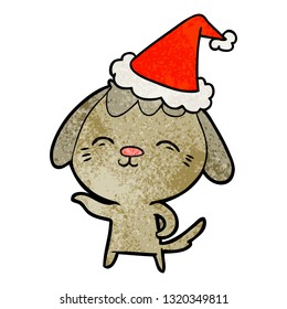 happy hand drawn textured cartoon of a dog wearing santa hat