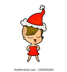 happy hand drawn textured cartoon of a girl in cocktail dress wearing santa hat