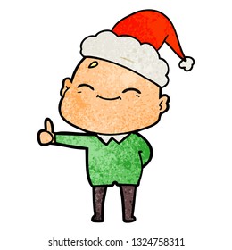 happy hand drawn textured cartoon of a bald man wearing santa hat