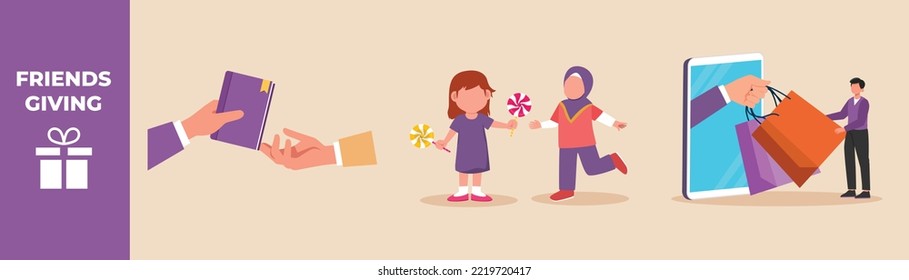 Happy hand giving books to other hand, happy girl giving candy to her friend and happy boy gets package by smartphone. Friends giving set concept. Flat vector illustrations isolated. 