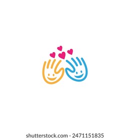 logo de la mano feliz con la combinación de símbolos del amor en estilo de diseño plano